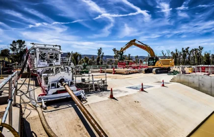 An HDD rig operates near an excavator.