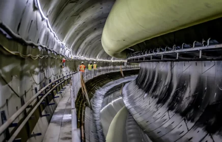 Several workers walk down a long underground tunnel.