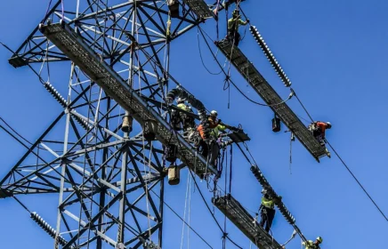 Several linemen work on up high on a large power transmission line segment.