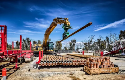 An excavator picking up a piece of HDD pipe to place into HDD rig.