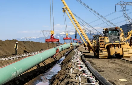 Pipelayers lower a large diameter pipeline into a trench in a rural Canadian environment.