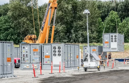 A crane placing BESS parts in place.