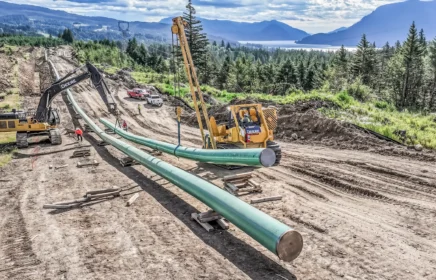 Large diameter pipeline laid out in a rural forest.