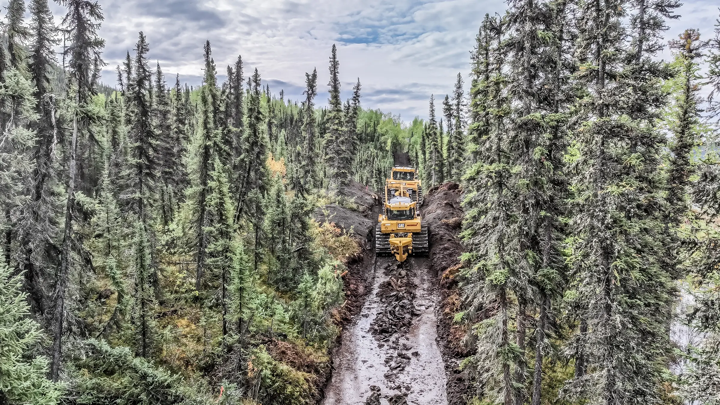 A utility plow makes its way through thick forest of Alaska.