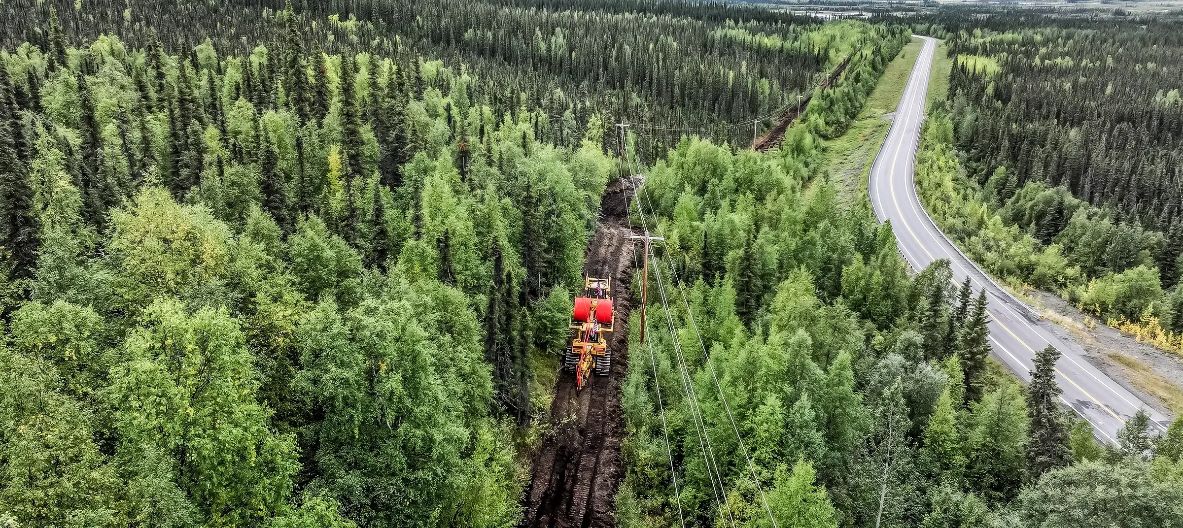 A cable plow going through a forest in Alaska with mountains in view.