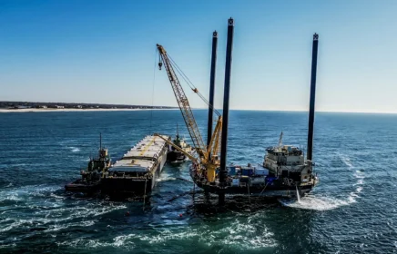 A large crane works off a barge onto a ship.